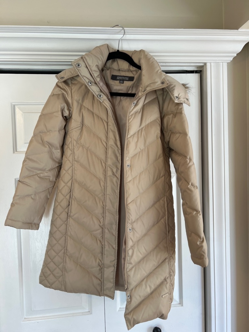 Kenneth Cole Reaction Beige Quilted Long Puffer Coat with Hood